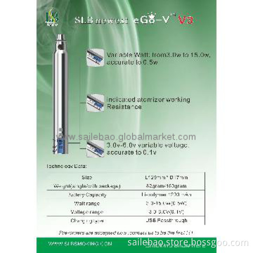 most poplar e cig variable voltage battery ego VV3 mega 3v to 6v
